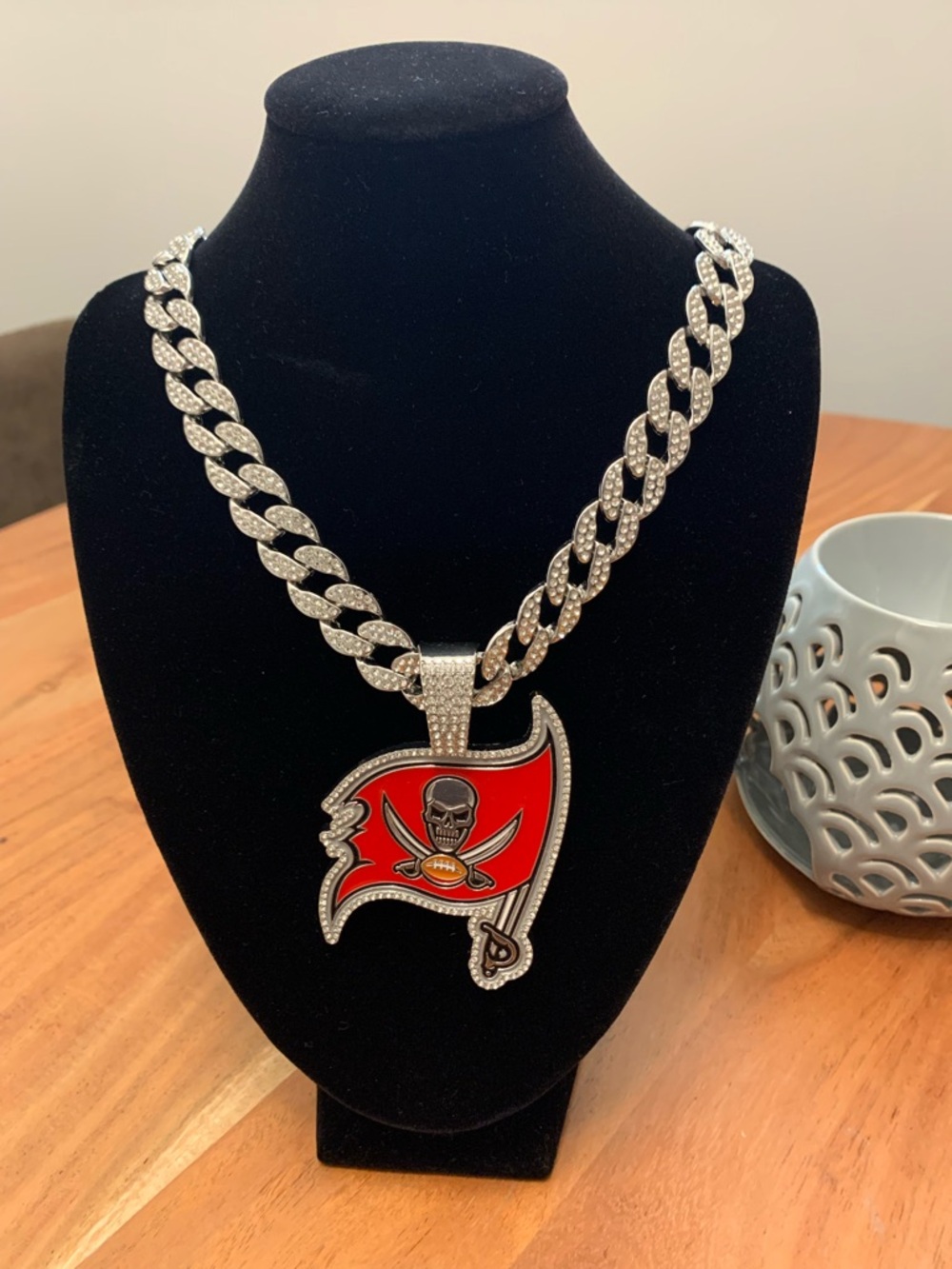 NFL Silver Cuban Chain Necklace with Red Buccaneers Flag Pendant
